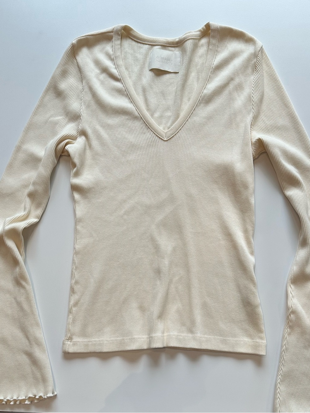 CITIZENS OF HUMANITY Ribbed Organic Cotton Ivory V Neck Long Sleeve Tee M - Picture 8 of 16